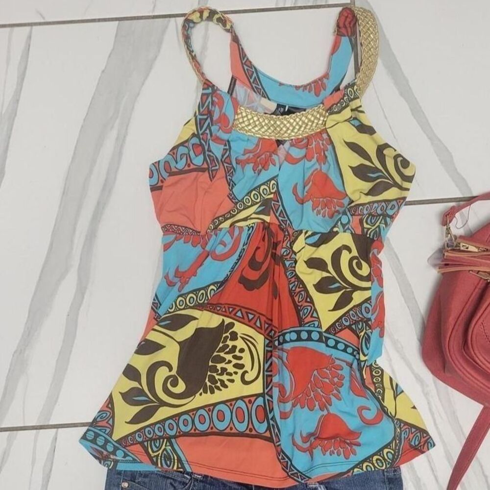 Y2K Colorful Abstract Print Gold Trim Babydoll Tank Top